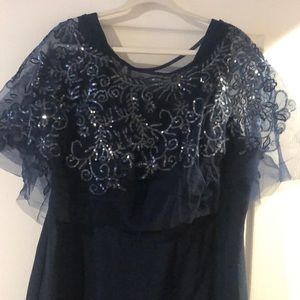 Knee length formal dress, Mediterranean blue, sequin tule cape.